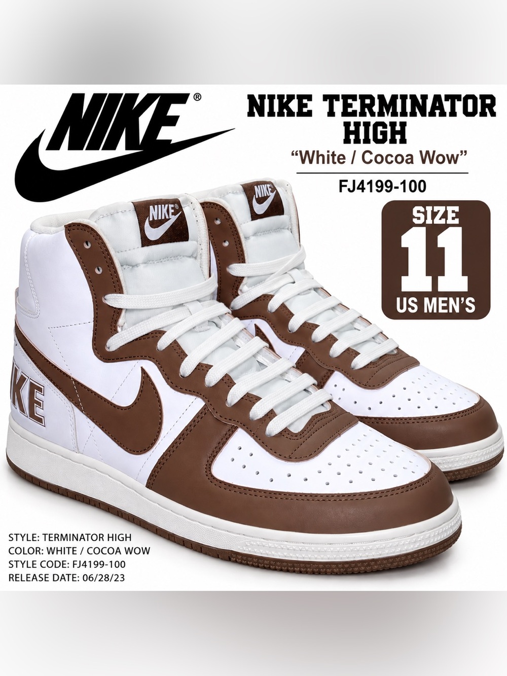 Nike Terminator High Cacao Wow Men’s Size 11 White Brown FJ4199-100